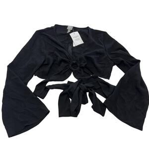 ASOS‎ Blouse Womens 10 Black Tie Front Crop Top Long Bell Sleeve V Neck Wrap